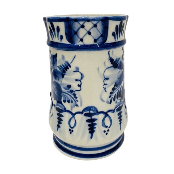 Vintage Russian Porcelain Mug Cobalt Blue & White Floral Unique Bird Handle - Picture 4 of 8